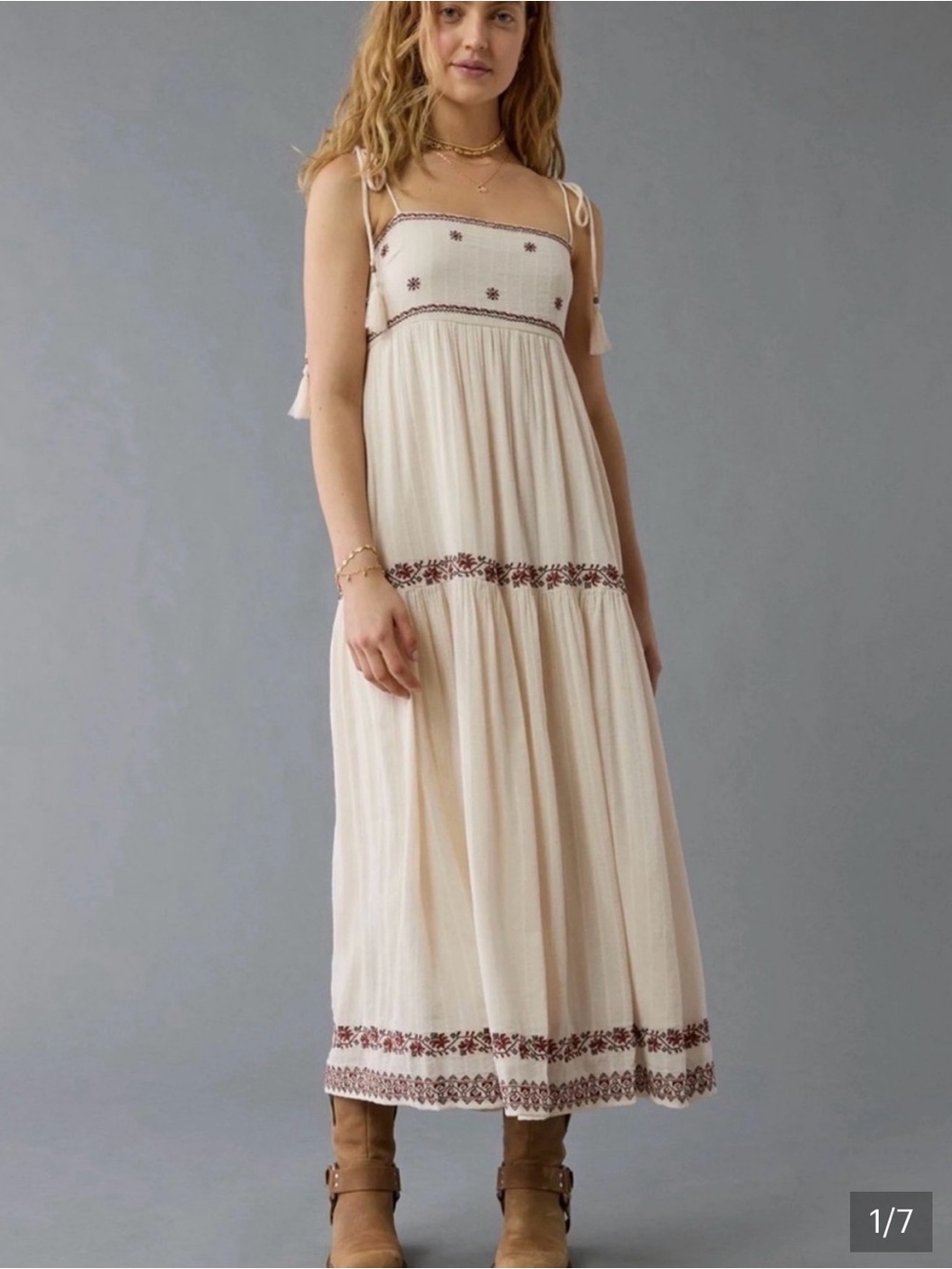 American Eagle Outfitters Cream Maxi Dress with Burgundy Embroidery - Picture 5 of 5